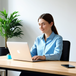 A professional young woman, fully clothed in a modest, smart-casual outfit, sits at a clean, modern desk in a bright, minimalist office space. She is actively engaged with a laptop and a smartphone, demonstrating environmental advocacy or social impact through digital platforms. A small potted plant and a reusable water bottle are visible on the desk, subtly hinting at eco-consciousness. The atmosphere is focused and inspiring. safe for work, appropriate content, professional, modest clothing, perfect anatomy, correct proportions, natural pose, well-formed hands, proper finger count, natural body proportions, high-quality photograph, realistic, bright natural lighting.