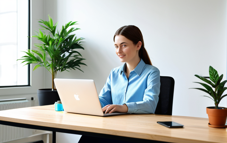 A professional young woman, fully clothed in a modest, smart-casual outfit, sits at a clean, modern desk in a bright, minimalist office space. She is actively engaged with a laptop and a smartphone, demonstrating environmental advocacy or social impact through digital platforms. A small potted plant and a reusable water bottle are visible on the desk, subtly hinting at eco-consciousness. The atmosphere is focused and inspiring. safe for work, appropriate content, professional, modest clothing, perfect anatomy, correct proportions, natural pose, well-formed hands, proper finger count, natural body proportions, high-quality photograph, realistic, bright natural lighting.